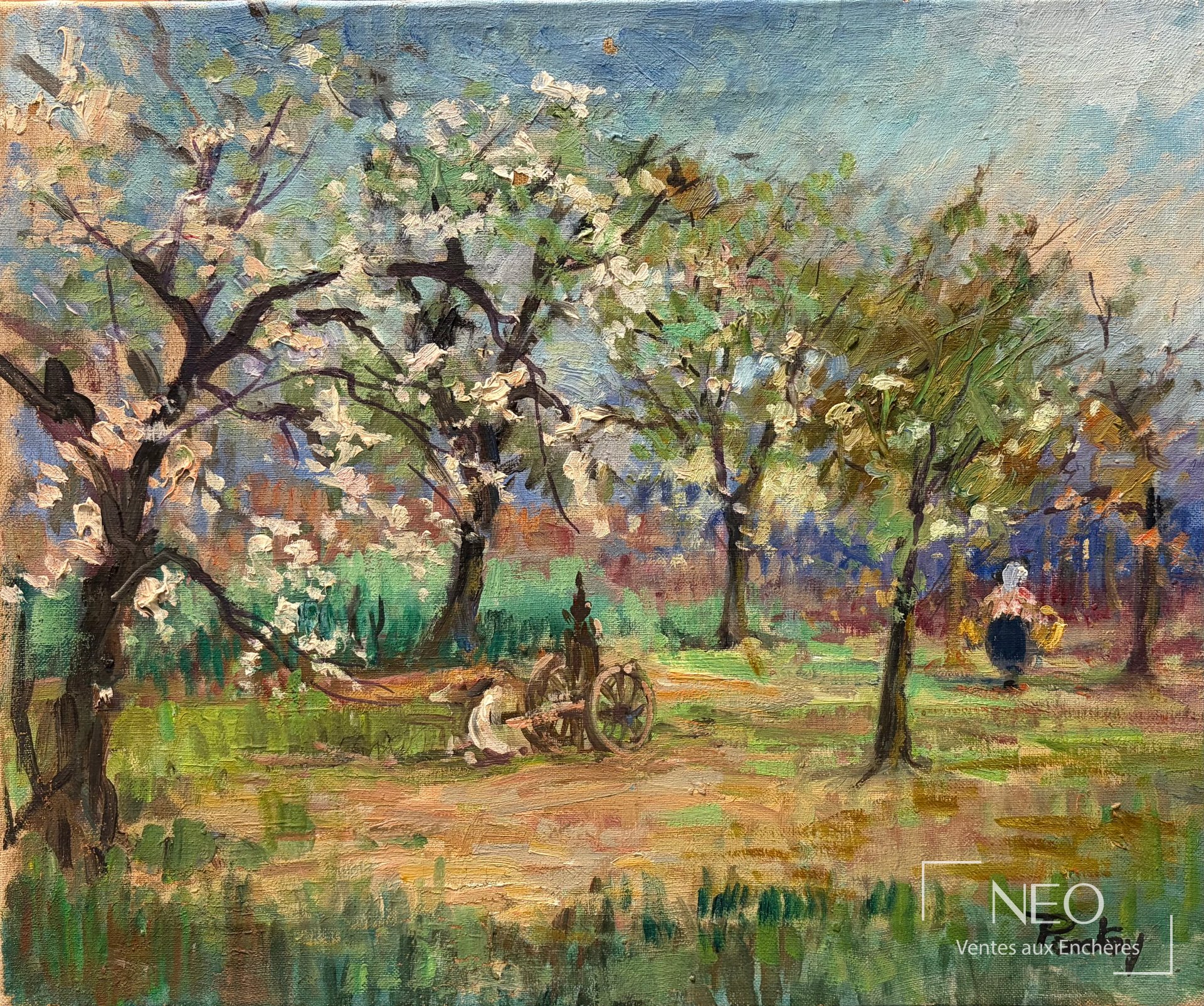 Huile sur toile représentant un paysage printanier aux arbres en fleurs