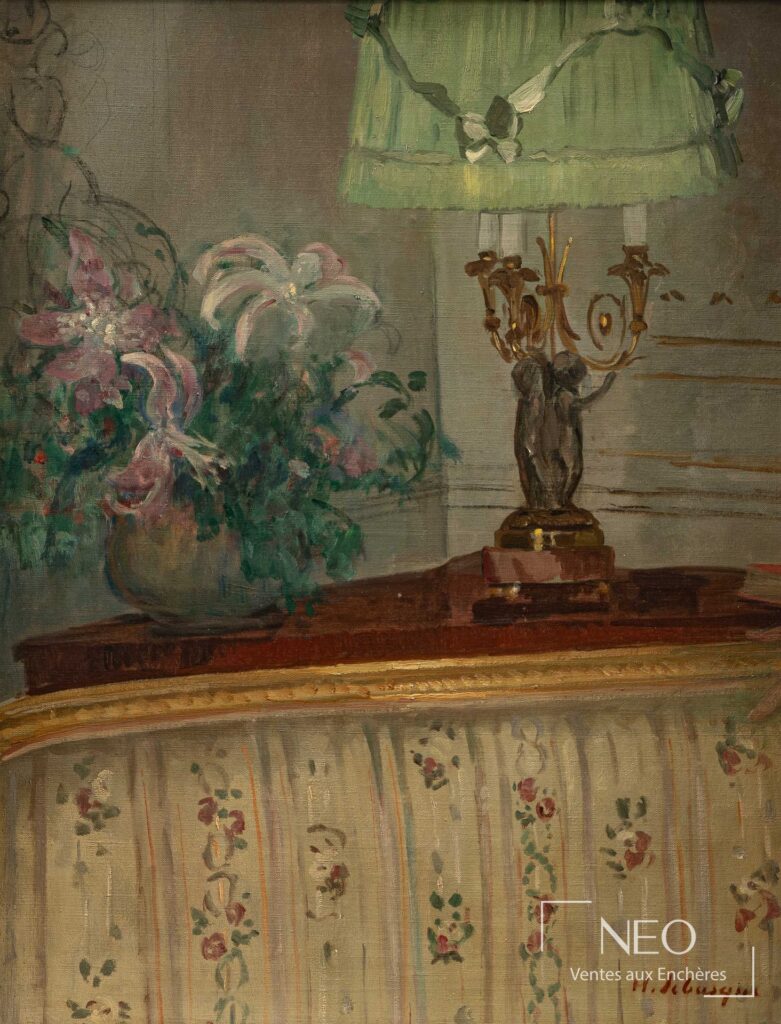 Huile sur toile de Henri Lebasque représentant des fleurs dans un salon