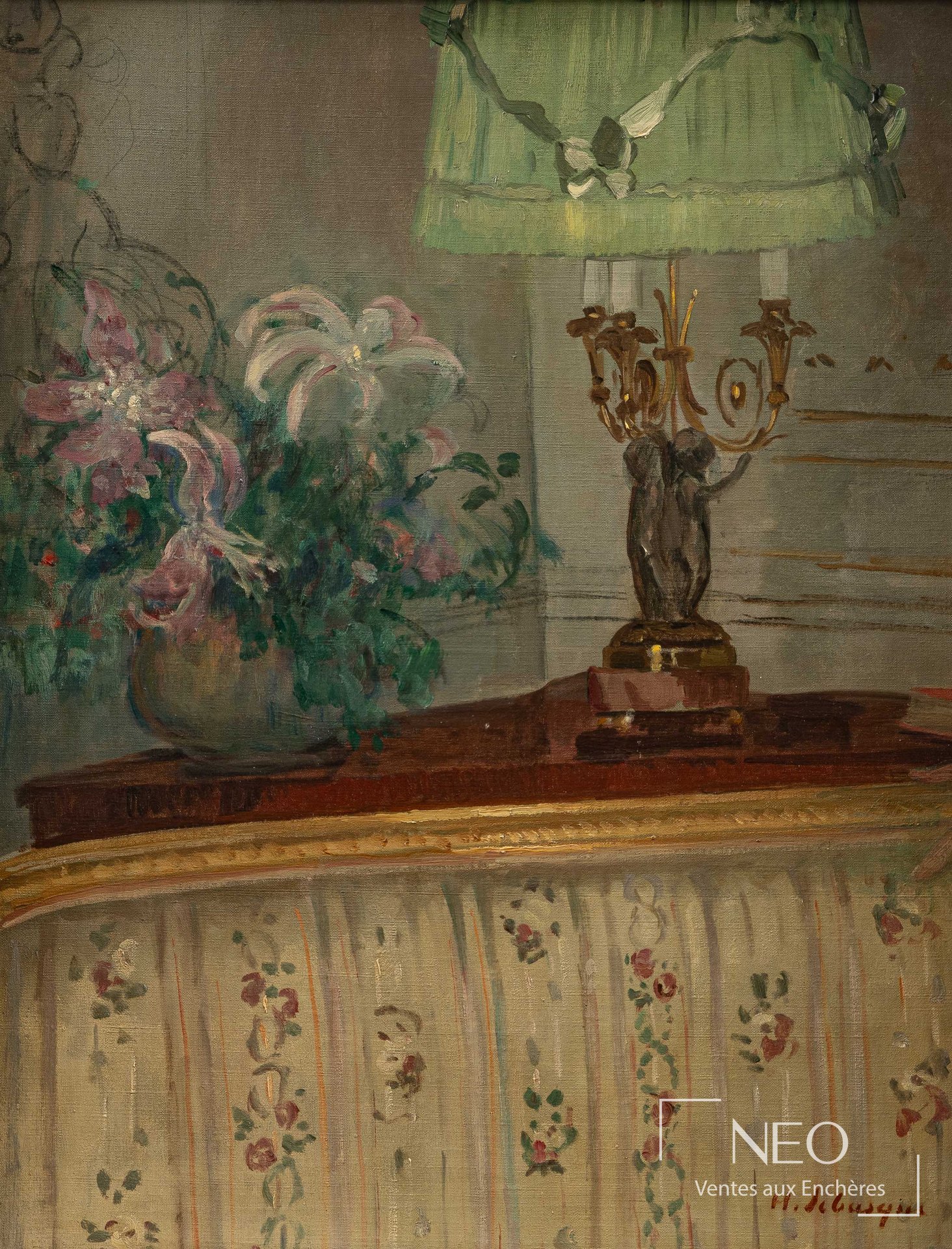 Huile sur toile de Henri Lebasque représentant des fleurs dans un salon