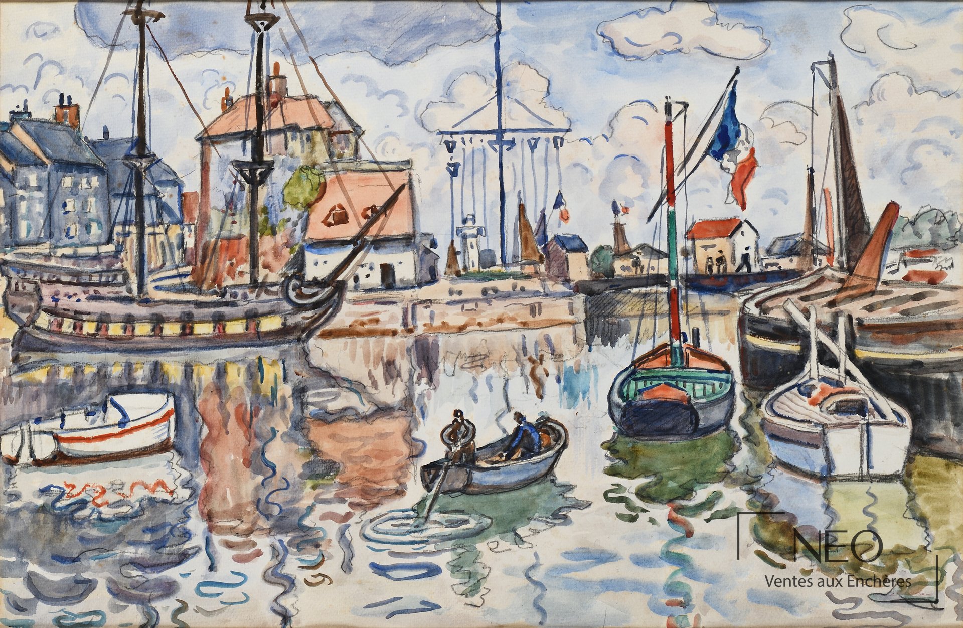Henri Liénard de Saint Delis attribué à Le port de Honfleur, aquarelle sur papier