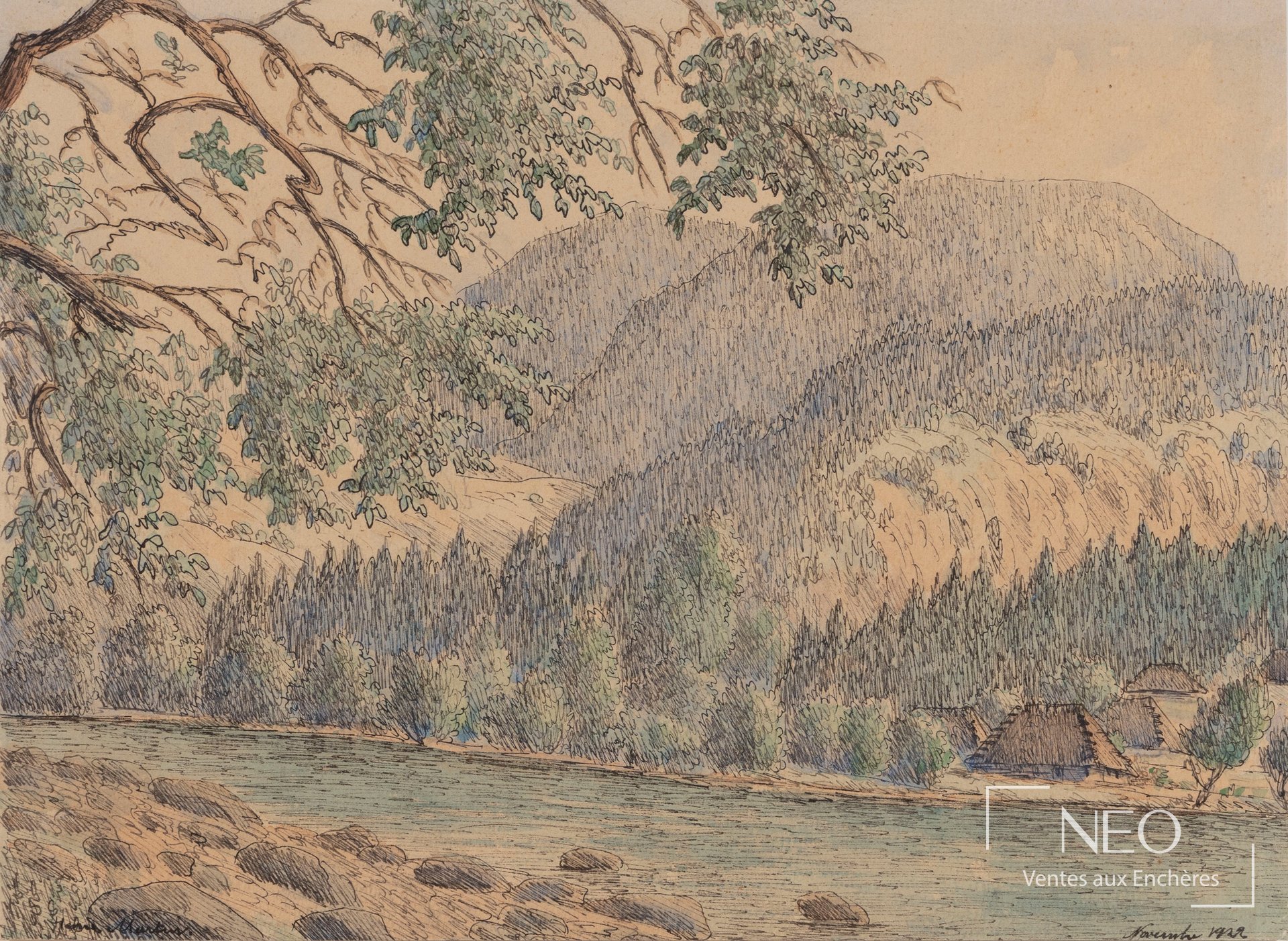 Paysage de rivière et maisons sous des arbres