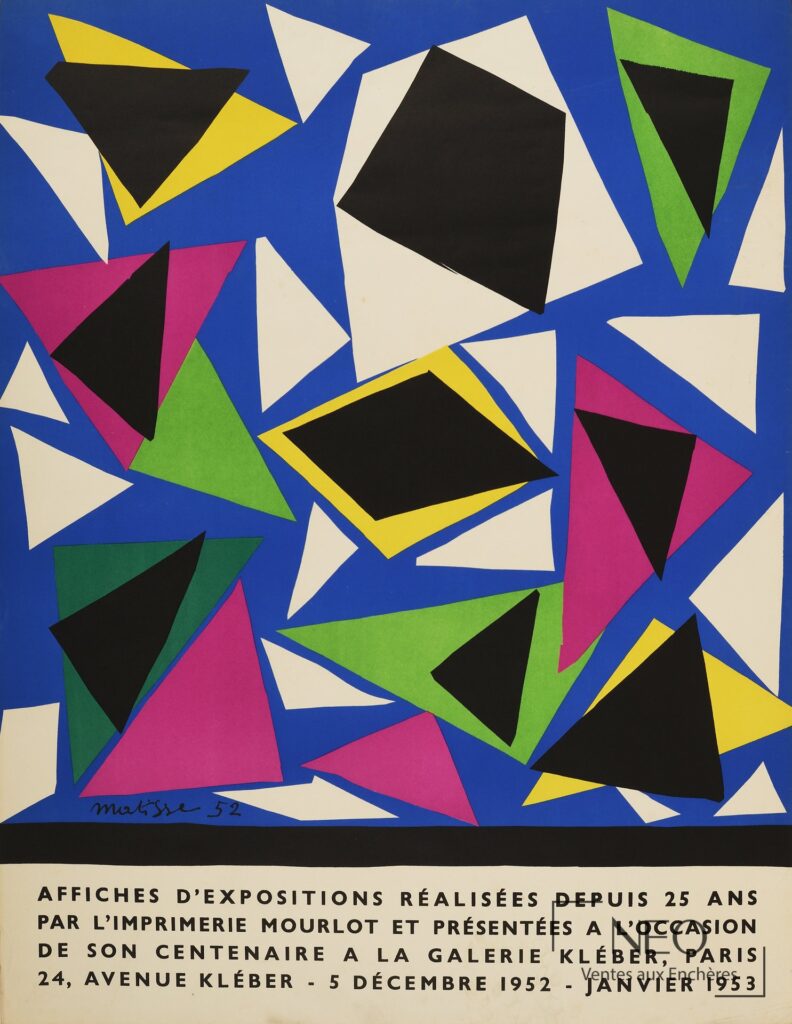 Affiche colorée d'après Henri Matisse avec formes géométriques sur fond bleu et texte imprimé en bas