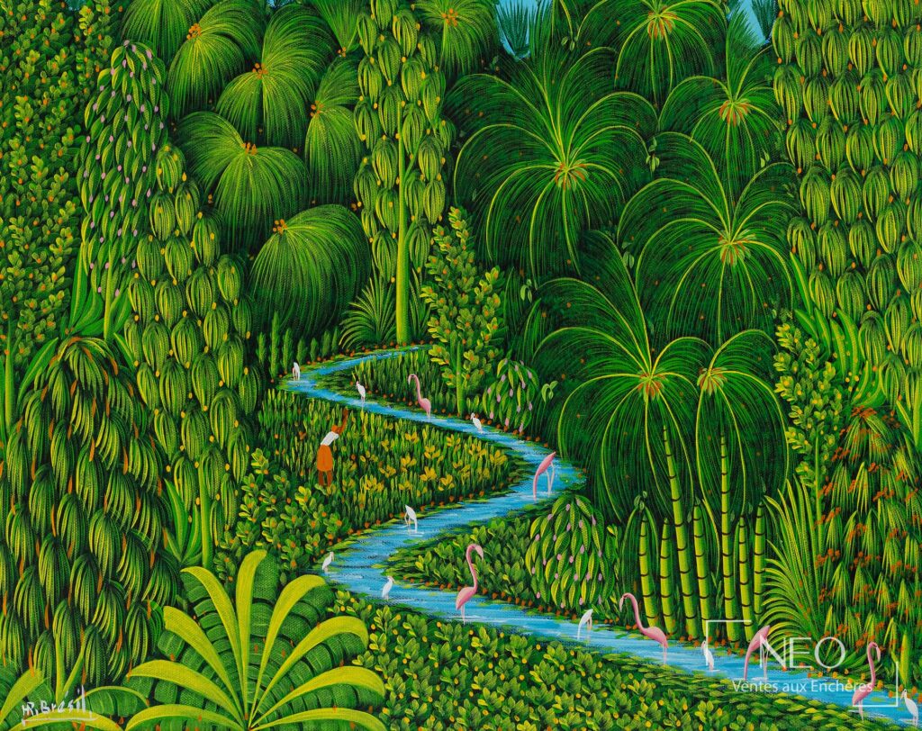Peinture tropicale foisonnante avec palmiers