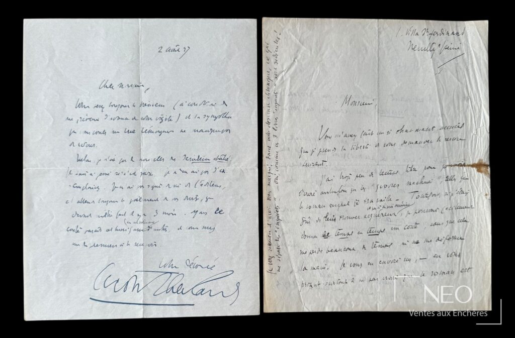 Deux lettres manuscrites de Henry de Montherlant visibles sur papier plié