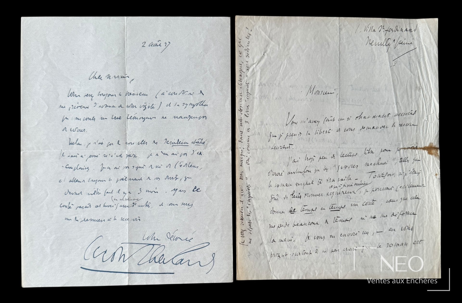 Deux lettres manuscrites de Henry de Montherlant visibles sur papier plié