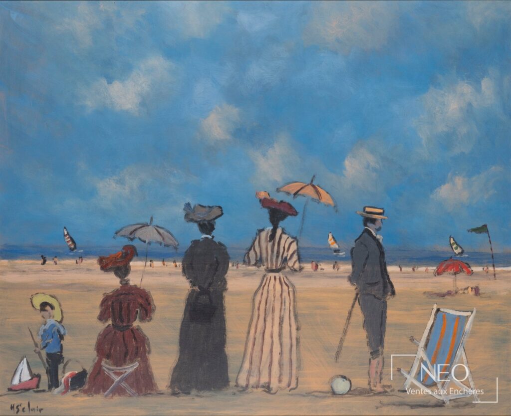 Scène de plage de Henry Saint Clair avec figures sous parapluies et ciel bleu nuageux