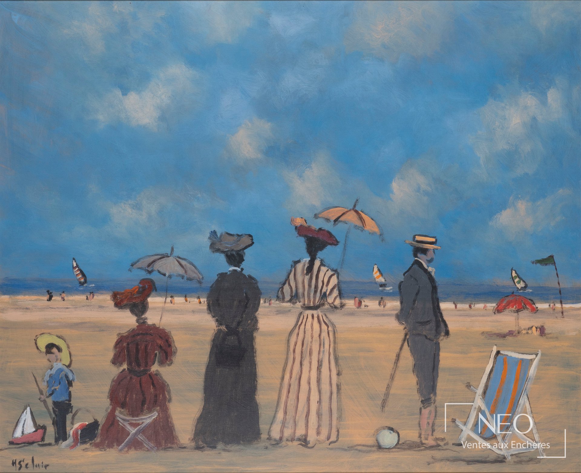 Scène de plage de Henry Saint Clair avec figures sous parapluies et ciel bleu nuageux