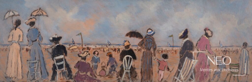 Panorama de plage animée à la gouache