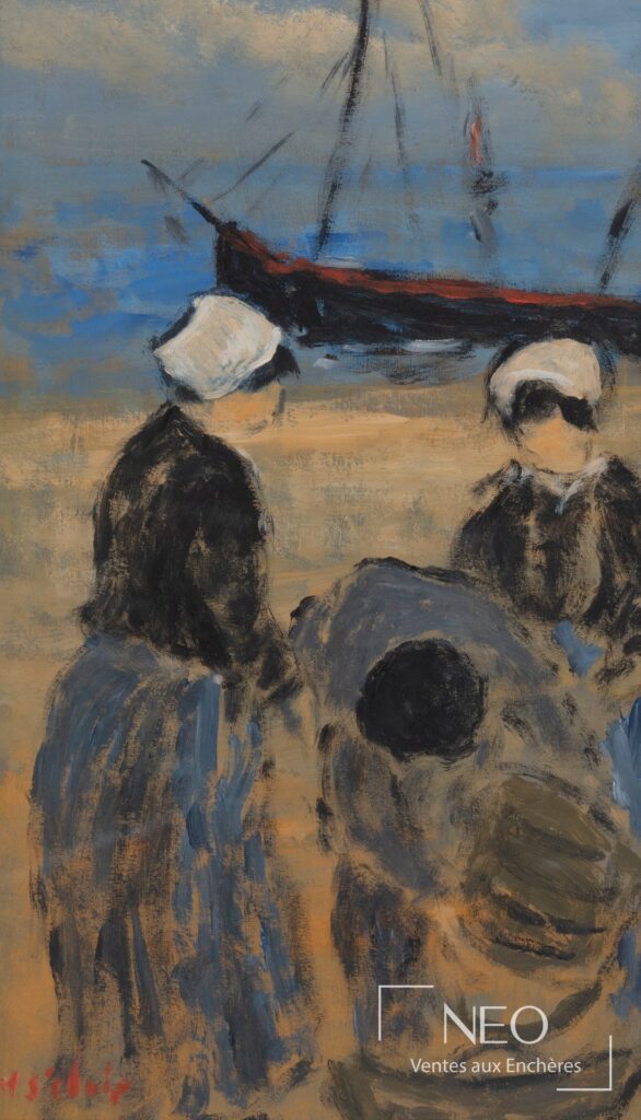 Huile sur panneau de Henry Saint Clair représentant des bretonnes au port