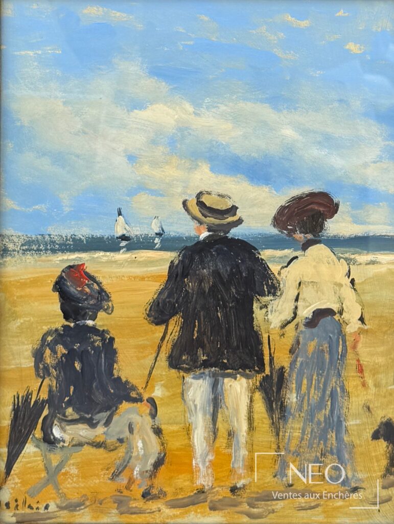Scène de plage à l'huile montrant trois figures de dos face à la mer sous un ciel nuageux