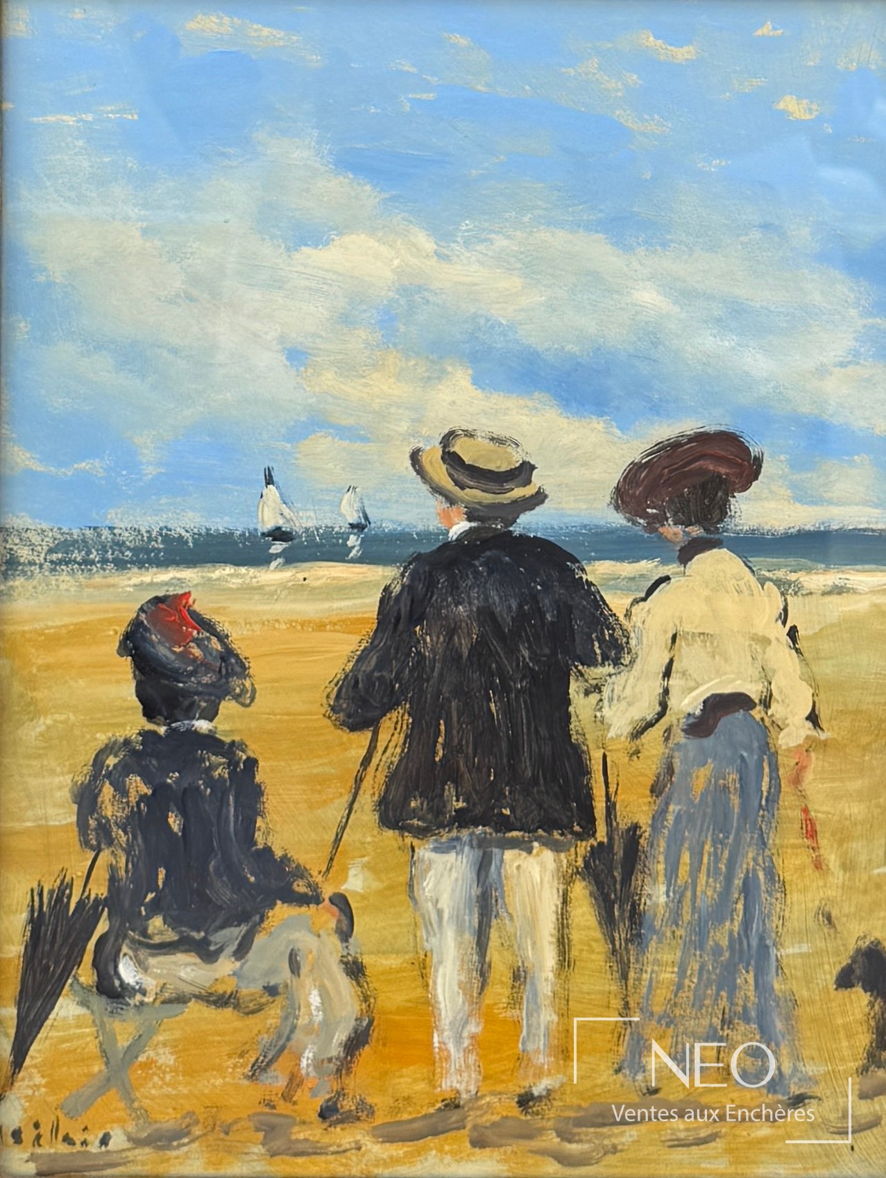 Scène de plage à l'huile montrant trois figures de dos face à la mer sous un ciel nuageux
