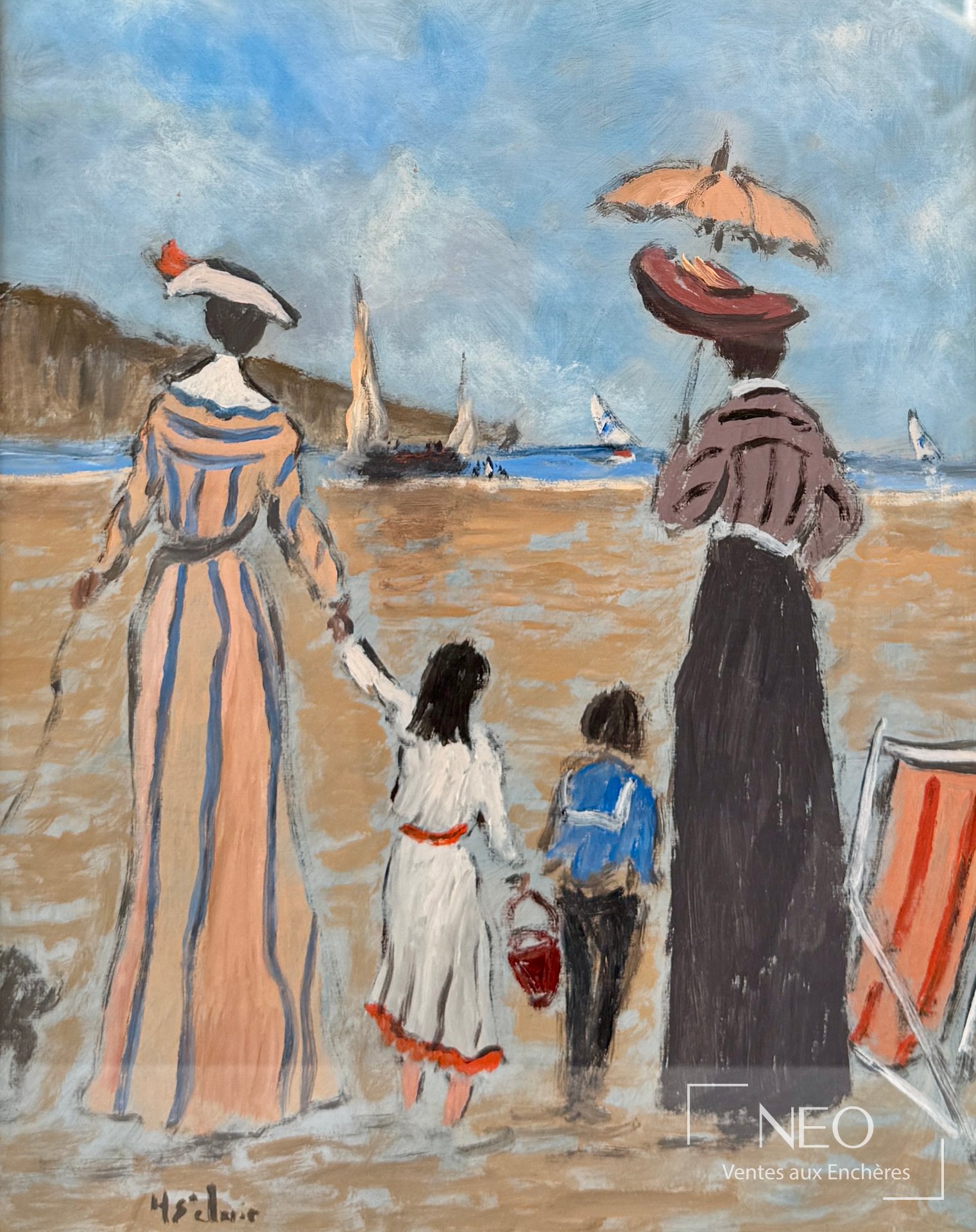 Scène de plage de Henry Saint Clair montrant mères et enfants face à la mer