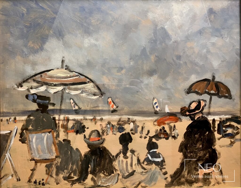 Scène de plage aux parasols peinte à la gouache