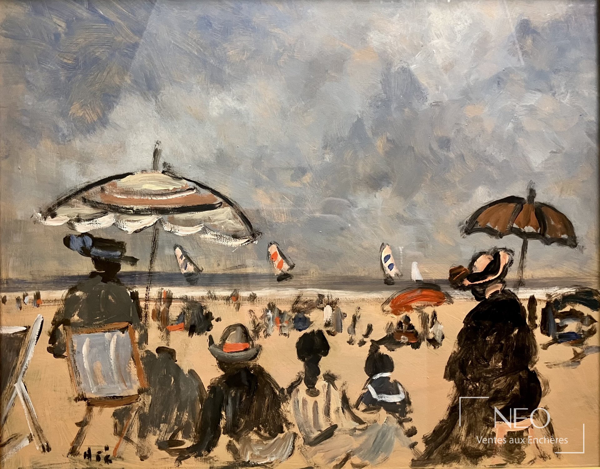 Scène de plage aux parasols peinte à la gouache