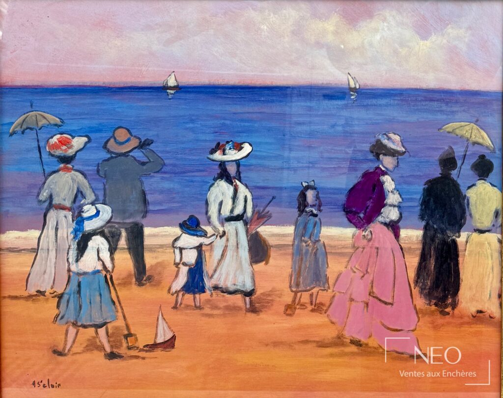 Peinture de plage montrant des familles face à la mer sous un ciel rose et bleu