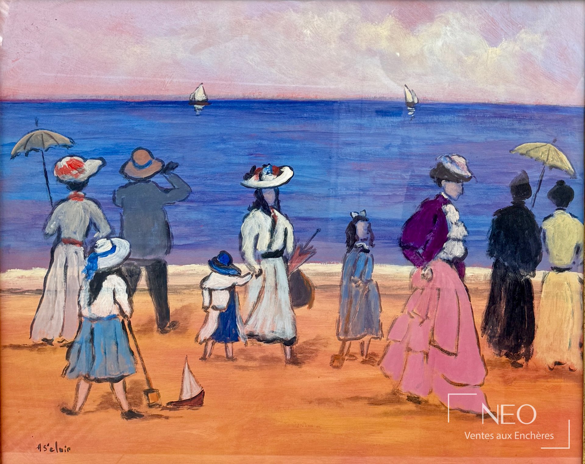 Peinture de plage montrant des familles face à la mer sous un ciel rose et bleu