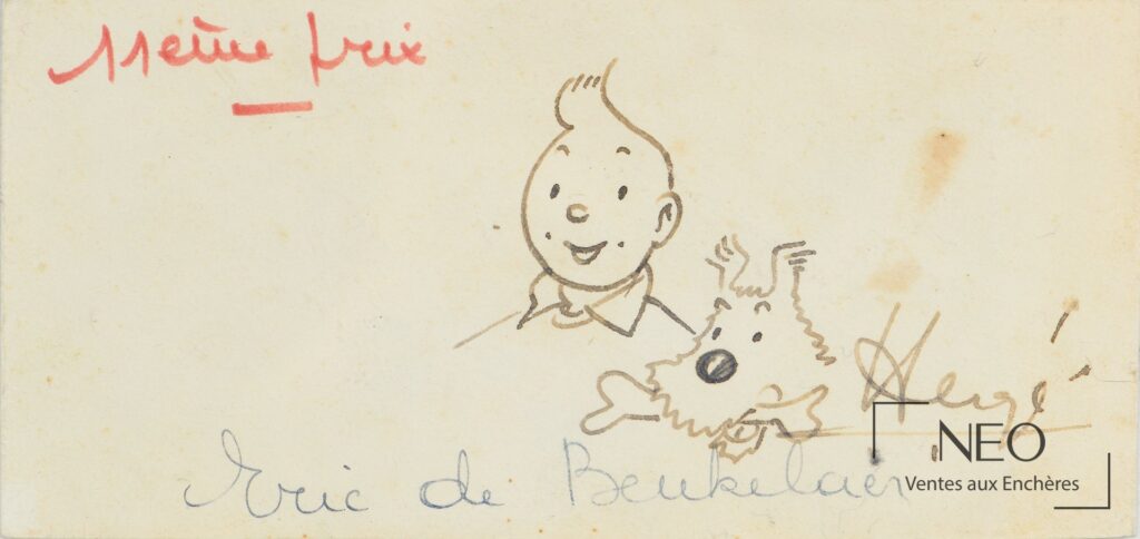 Dédicace d’Hergé avec Tintin et Milou sur enveloppe