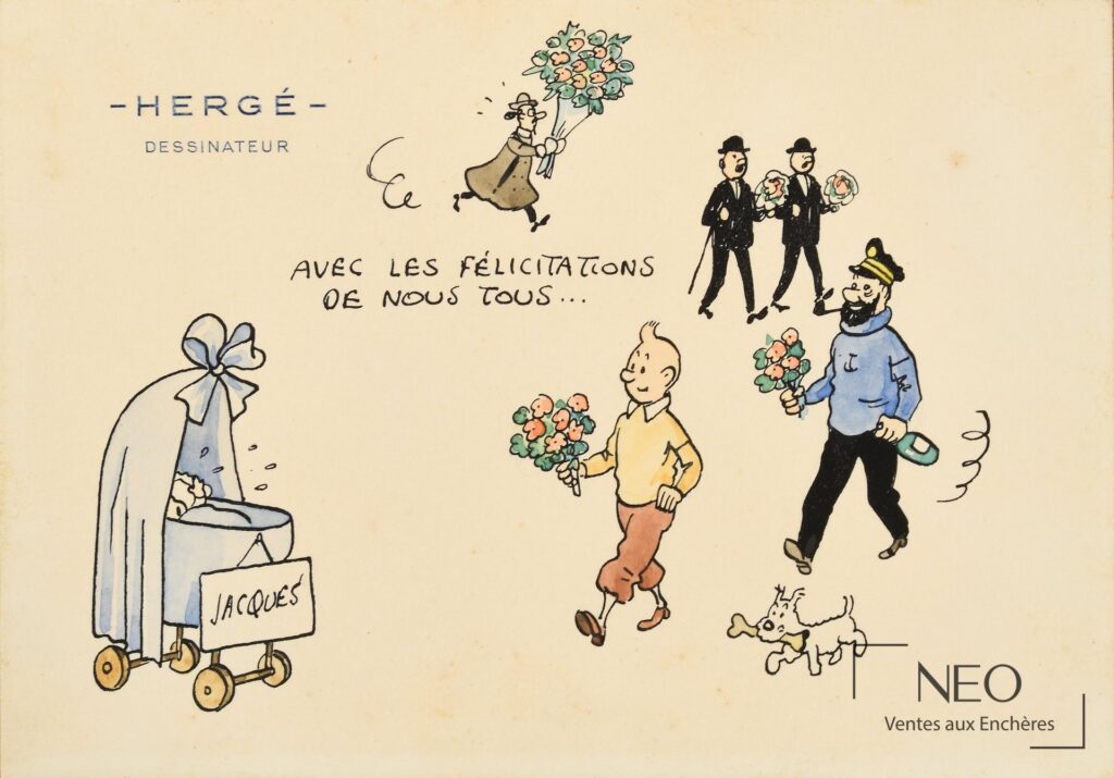 Faire-part de naissance d’Hergé avec personnages de Tintin et mention manuscrite pour Jacques