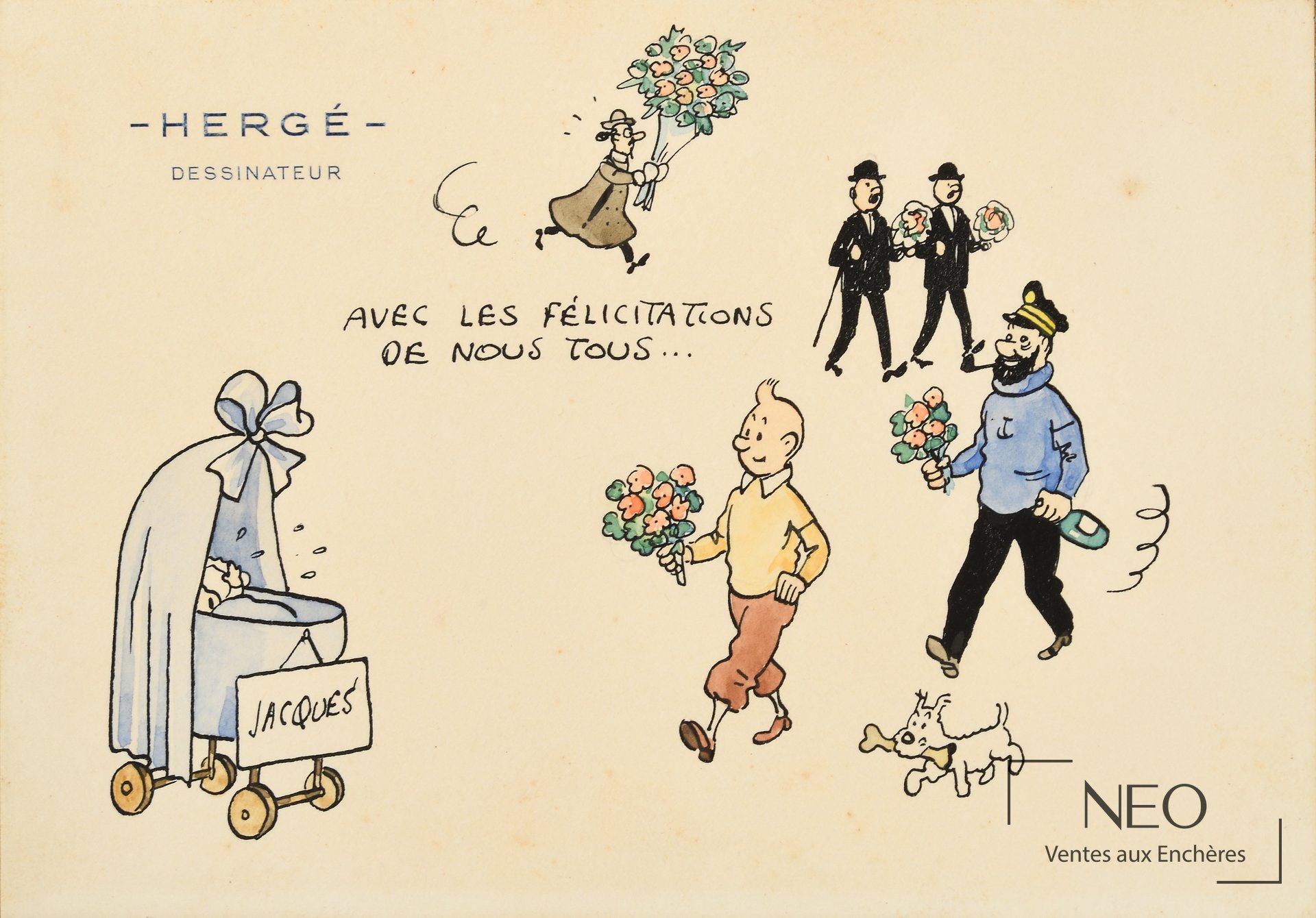 Faire-part de naissance d’Hergé avec personnages de Tintin et mention manuscrite pour Jacques