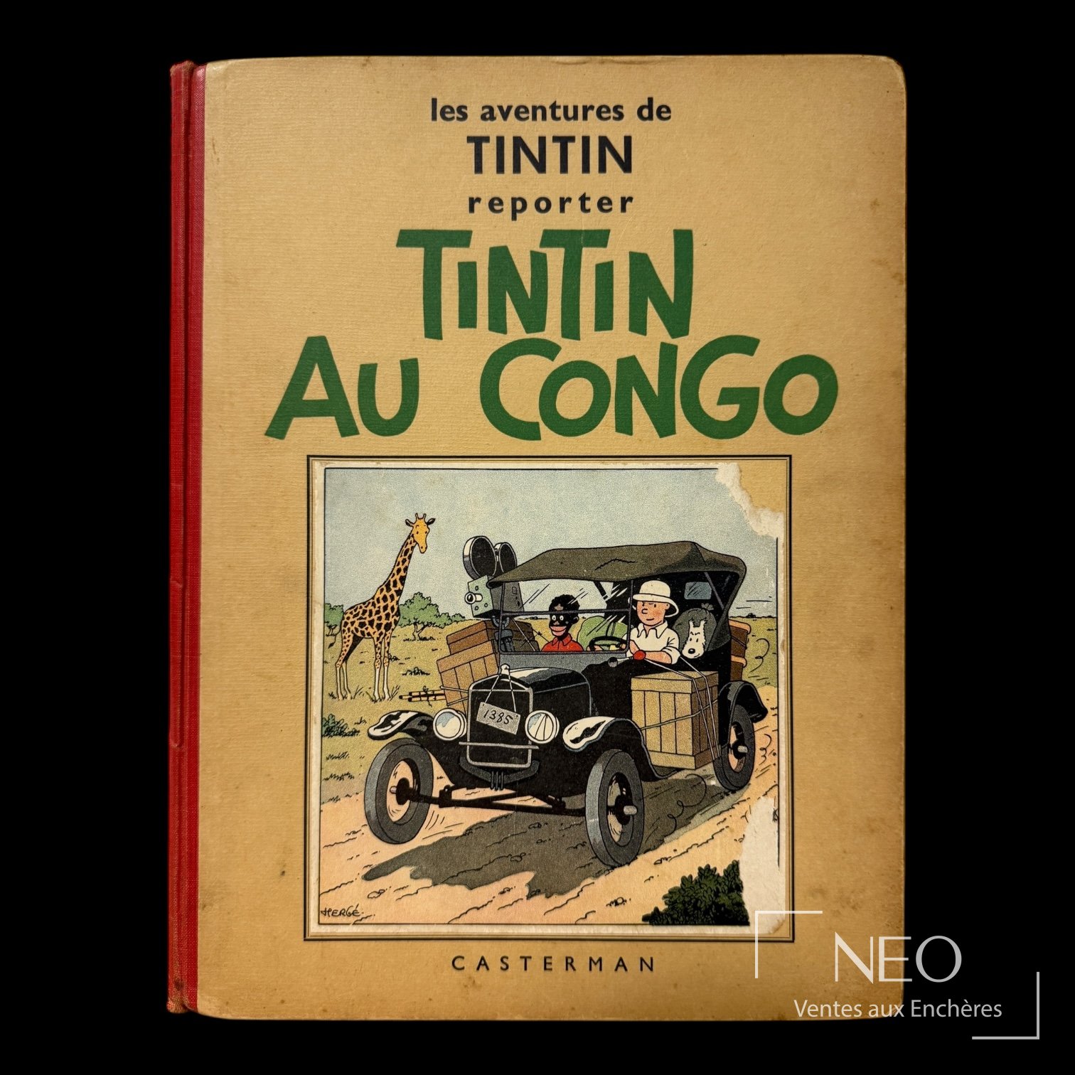 Couverture de Tintin au Congo d’Hergé avec illustration de voiture et girafe