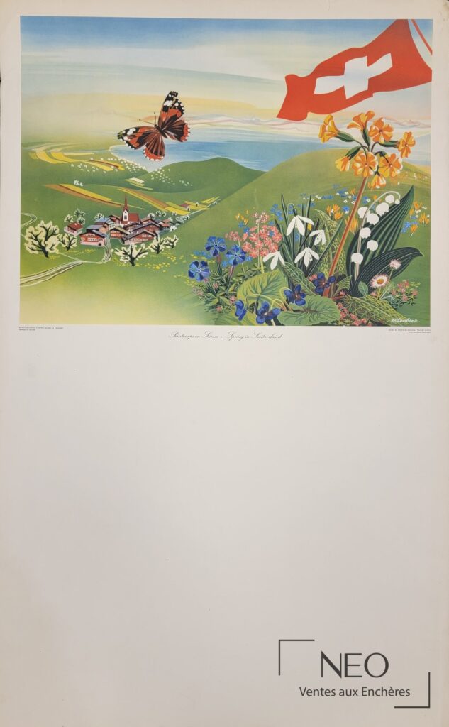Affiche en couleurs représentant un paysage suisse avec fleurs