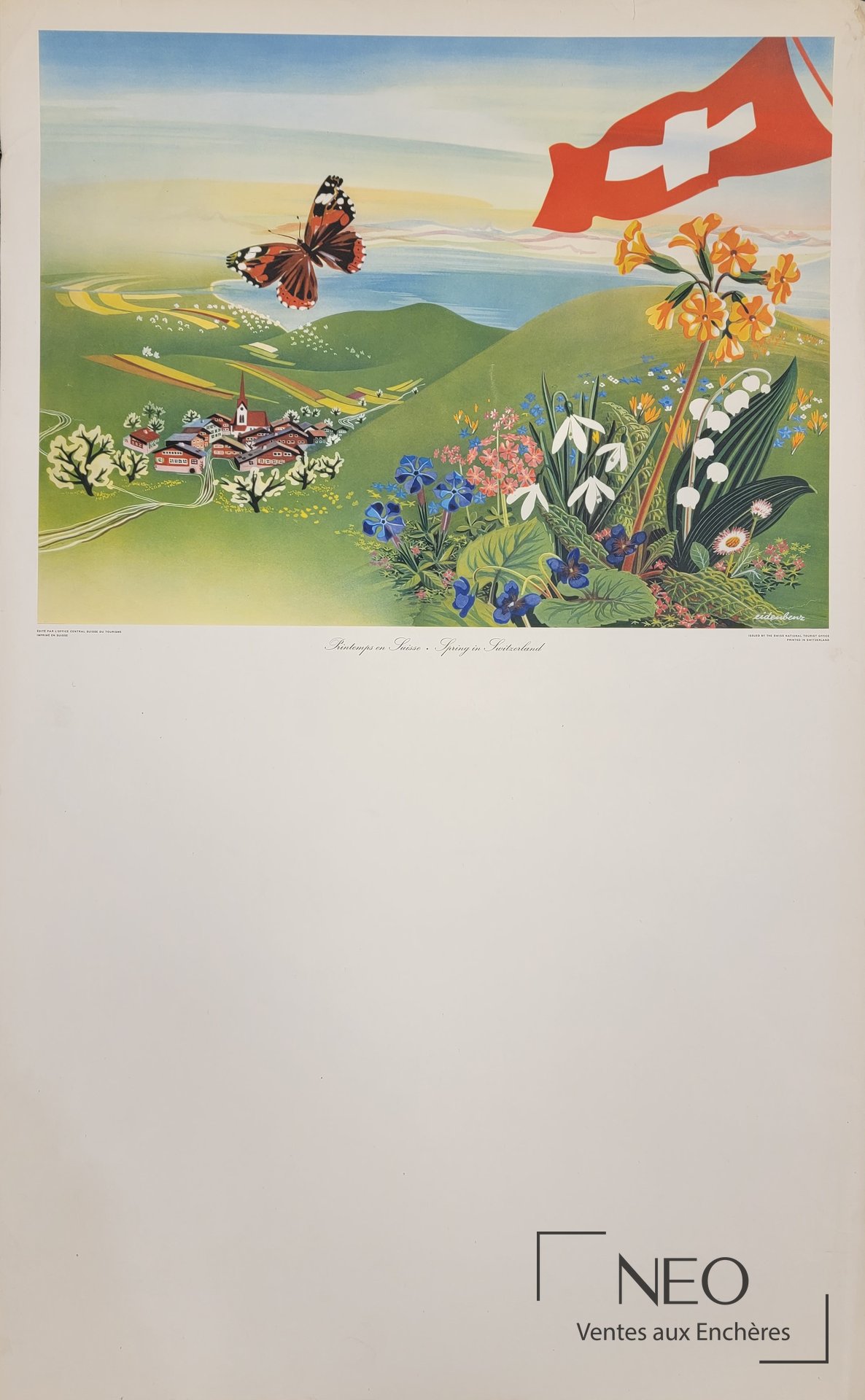Affiche en couleurs représentant un paysage suisse avec fleurs