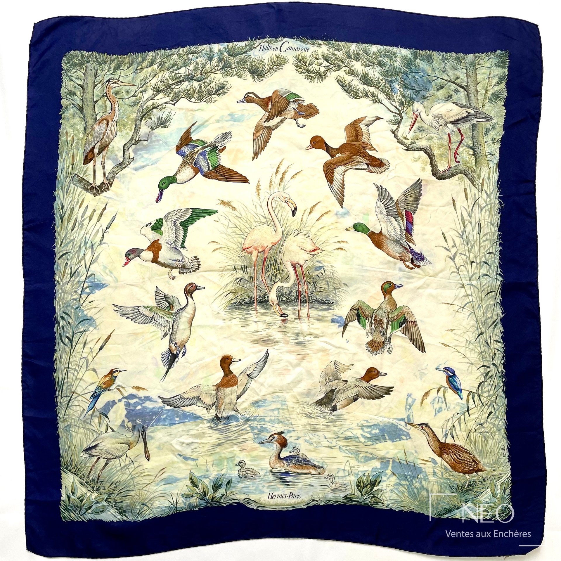 Carré Hermès Paris en twill de soie avec motif ornithologique central