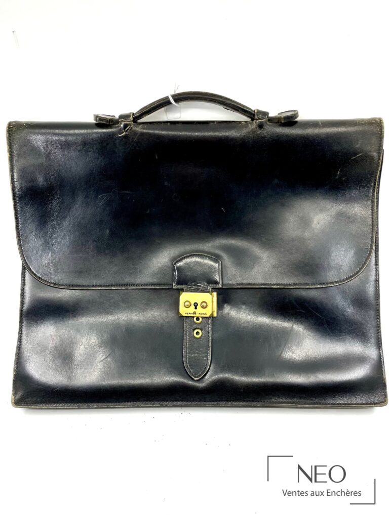 Sac à dépêche Hermès Paris en cuir noir lisse