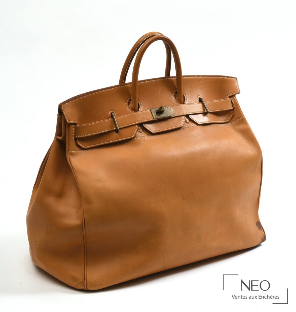 Sac Hermès Haut à courroies en cuir naturel avec poignée double et fermeture métallique