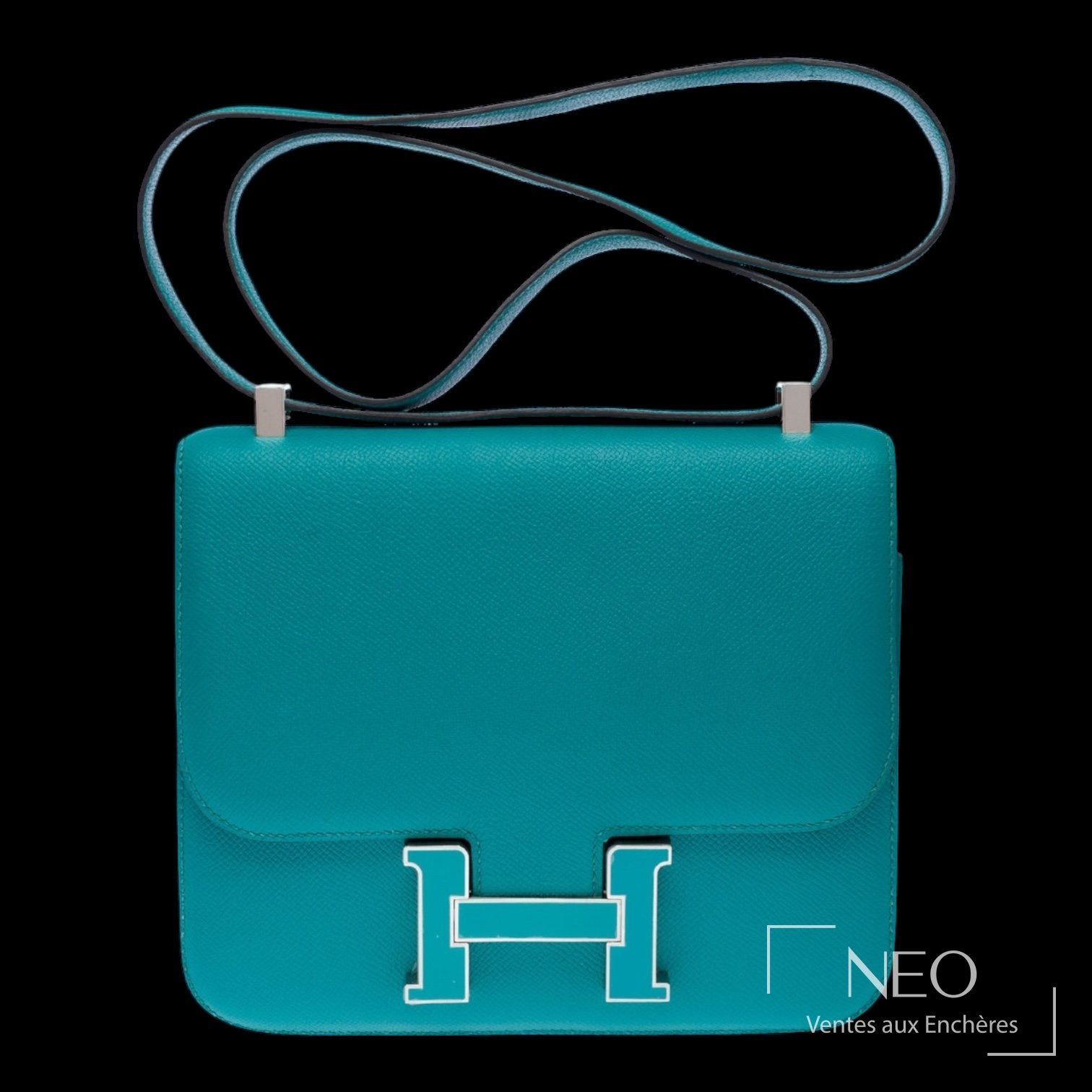 Sac Hermès Constance bleu paon vu de face
