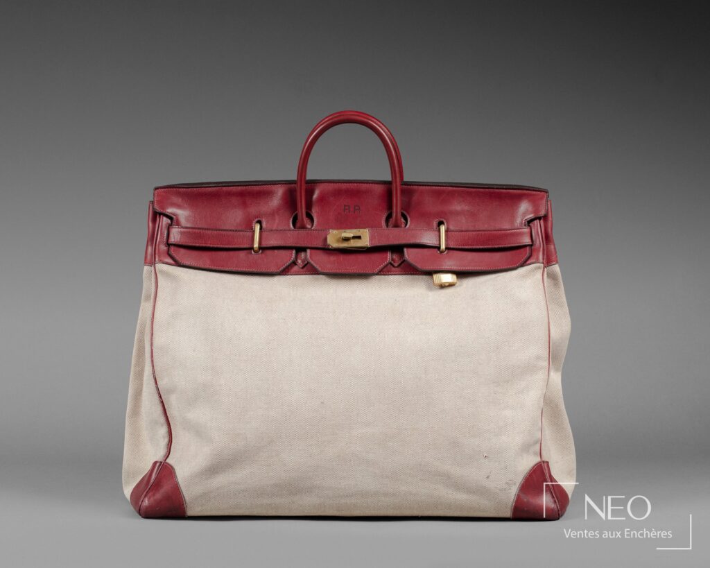 Sac Hermès haut à courroie en toile claire et cuir bordeau