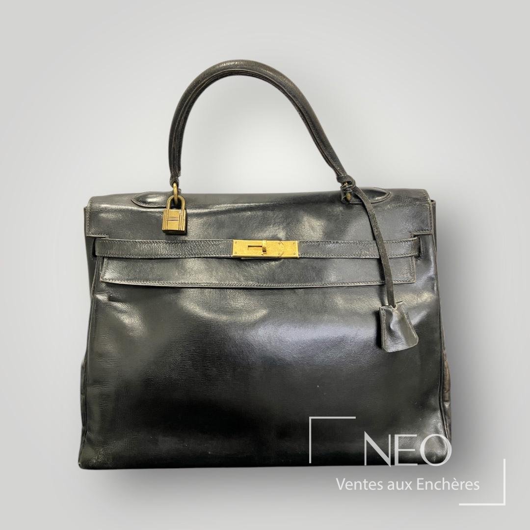 Hermes sac Kelly retourné 35 cm en veau box noir circa 1965
