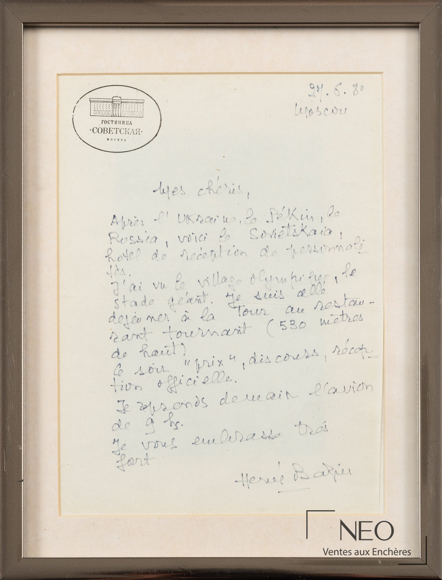 Hervé Bazin, lettre autographe signée à Moscou le 27 juin 1980