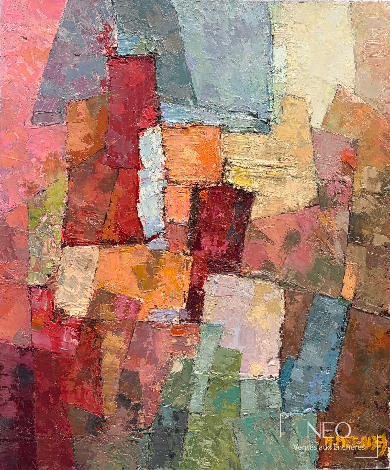 Composition abstraite en aplats colorés et empâtements sur toile