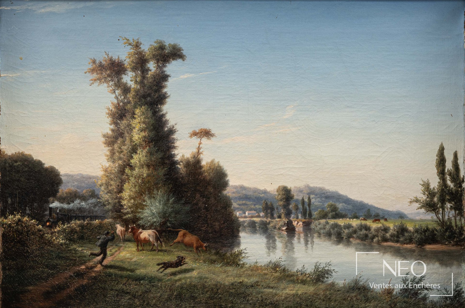 Attribué à Hippolyte Victor Sebron, Scène animée : Les vaches et le train, huile sur toile
