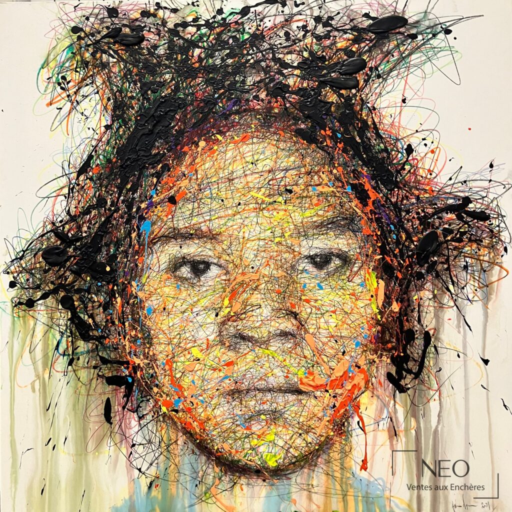 Portrait abstrait coloré au trait nerveux sur toile carrée