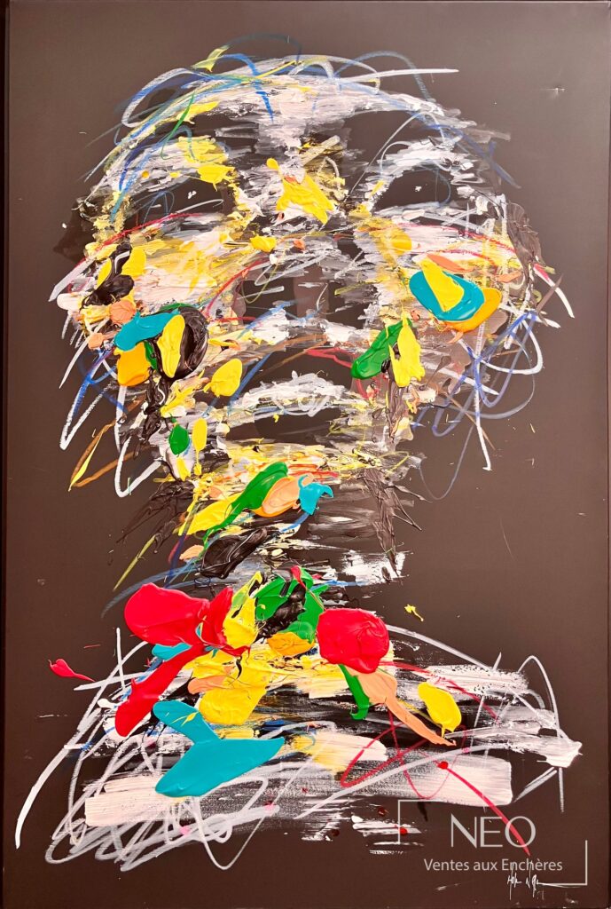 Toile abstraite de Hom Nguyen aux couleurs vives sur fond sombre