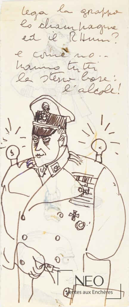 Dessin de militaire au feutre sur papier avec inscriptions manuscrites