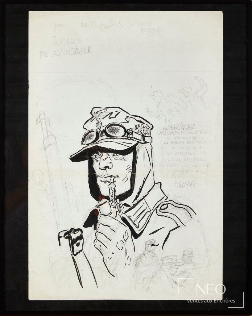 Projet de couverture de Hugo Pratt montrant un personnage en buste au premier plan