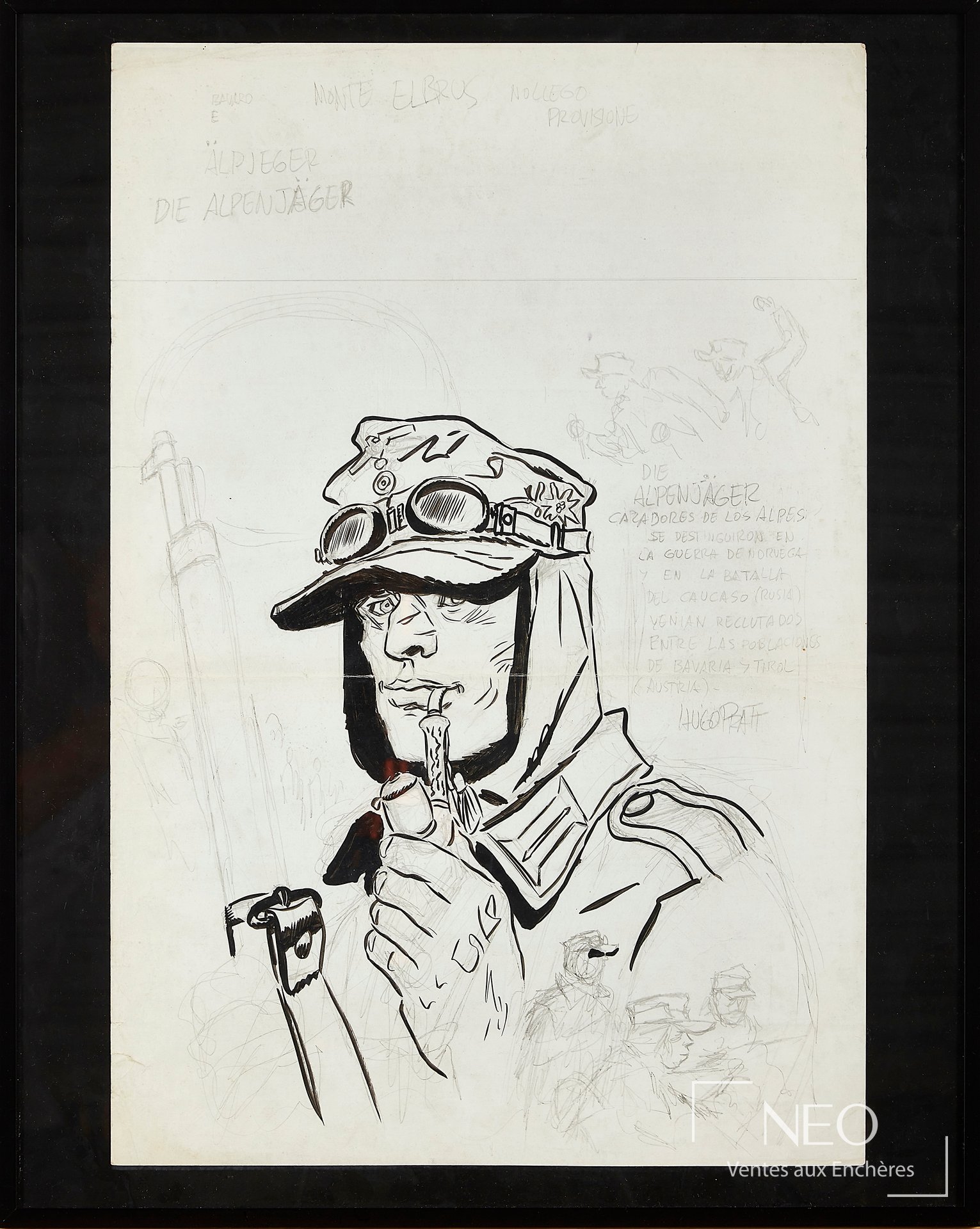 Projet de couverture de Hugo Pratt montrant un personnage en buste au premier plan