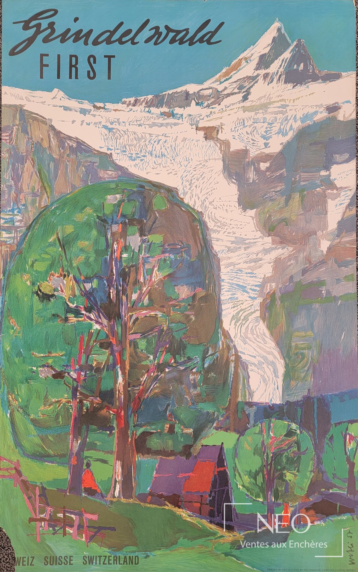 Affiche colorée représentant un paysage alpin avec glacier et village