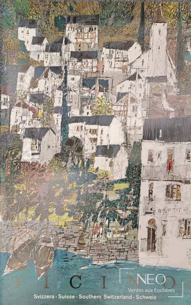 Affiche en couleurs représentant un village aux maisons blanches sur fond de paysage.