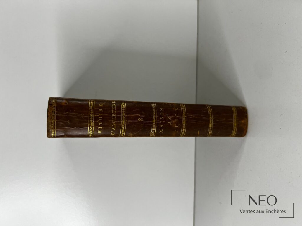 Dos d'un livre ancien en basane brune avec titres dorés et faux nerfs