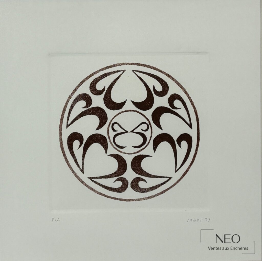 Aquatinte circulaire de Hussein MADI avec composition calligraphique brune sur papier