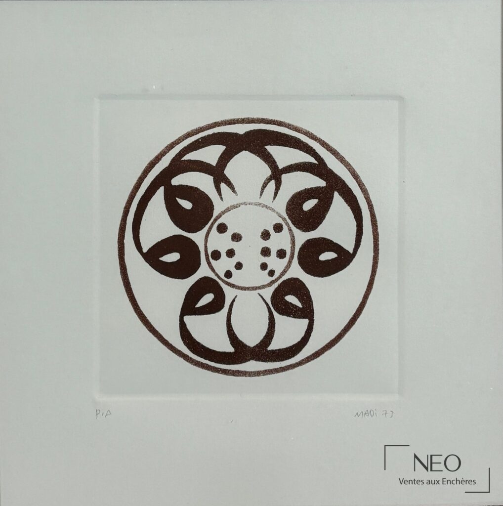 Aquatinte carrée de Hussein MADI avec motif circulaire brun au centre