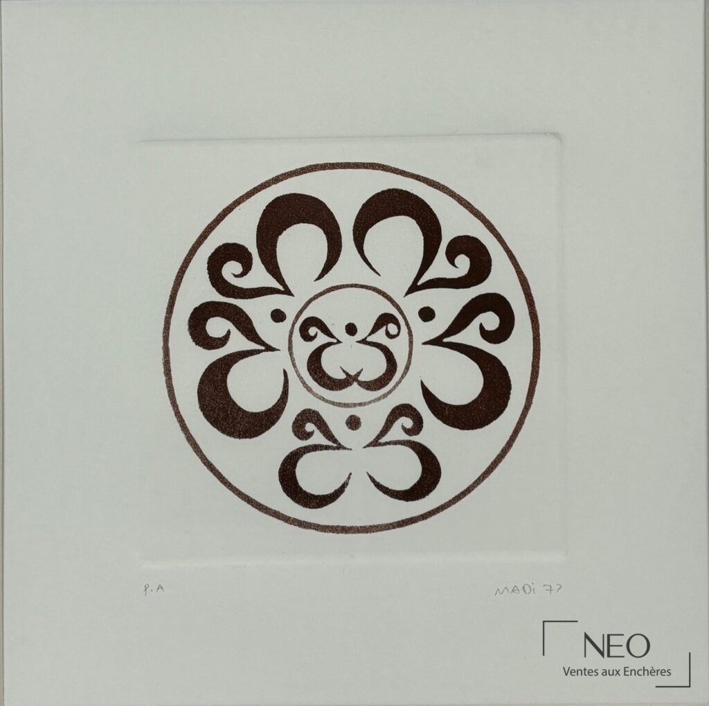 Aquatinte calligraphique de Hussein Madi avec motif circulaire brun sur papier