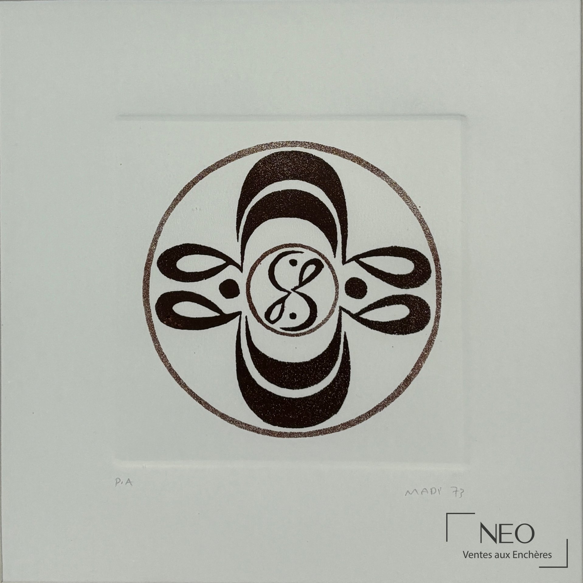 Composition calligraphique circulaire en aquatinte sur papier