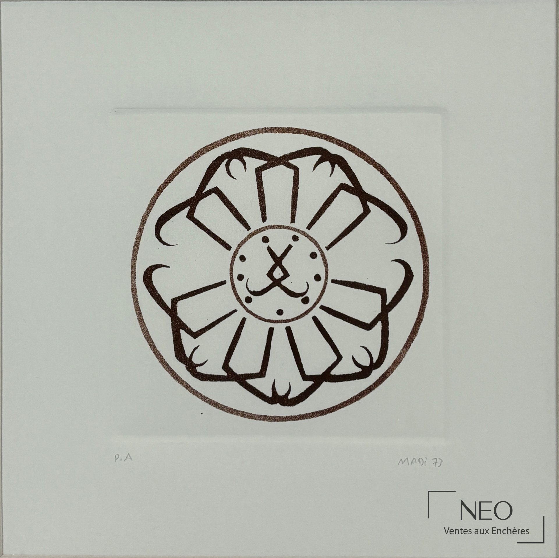 Aquatinte circulaire de Hussein MADI avec motif calligraphique brun sur papier