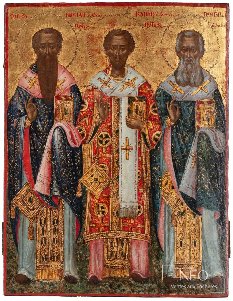 Icône orthodoxe grecque représentant Les Trois Hiérarques sur fond d’or