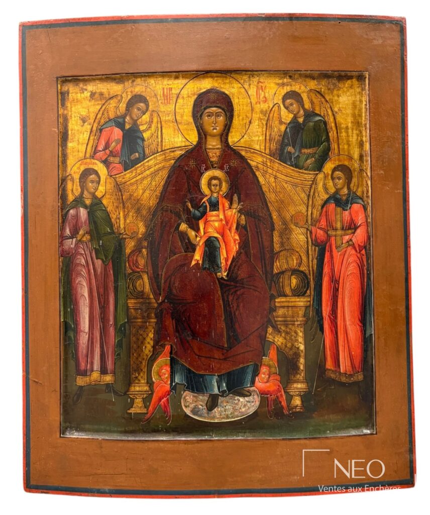 Icône russe représentant la Mère de Dieu de Vladimir entourée de cinq saints.